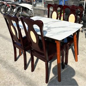Bộ Bàn Ăn Mặt Vân Đá 1m2 Kèm 4 Ghế Gỗ Cũ