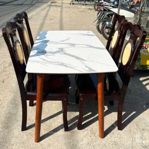 Bộ Bàn Ăn Mặt Vân Đá 1m2 Kèm 4 Ghế Gỗ Cũ