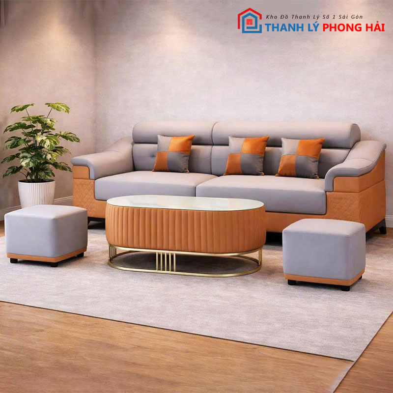 bo-sofa-boc-da-kem-don-vuong-va-ban-tra-2 Bộ Sofa Bọc Da Kèm Đôn Vuông Và Bàn Trà Oval Mới 99% (Nhiều Màu)