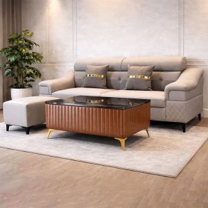 Bộ Sofa Da Xám Kèm Đôn Ghép Góc L Và Bàn Trà Mới 99%