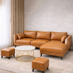 Sofa Da Góc L Kèm Bàn Trà Và 2 Đôn Mới 99%