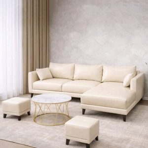 Sofa Da Góc L Kèm Bàn Trà Và 2 Đôn Mới 99%