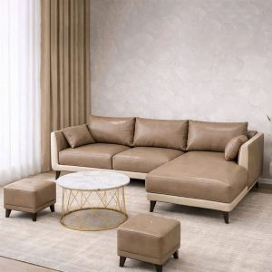 Sofa Da Góc L Kèm Bàn Trà Và 2 Đôn Mới 99%