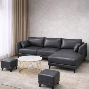 Sofa Da Góc L Kèm Bàn Trà Và 2 Đôn Mới 99%