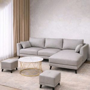 Sofa Da Góc L Kèm Bàn Trà Và 2 Đôn Mới 99%