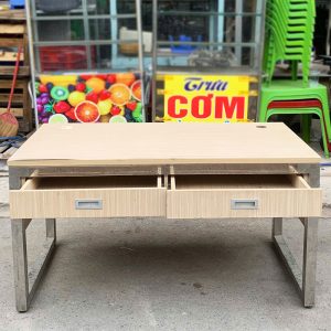 Bàn Khung Inox 2 Hộc Mặt Gỗ MDF Cũ (Nhiều Size)