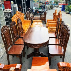 Bộ Bàn Ăn Gỗ Tự Nhiên Mặt Oval Kèm 6 Ghế Mới 99%