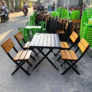 Bộ Bàn Ghế Quán Ăn Mặt Gỗ Chân Sắt Xếp Gọn Cũ