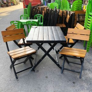 Bộ Bàn Ghế Quán Ăn Mặt Gỗ Chân Sắt Xếp Gọn Cũ