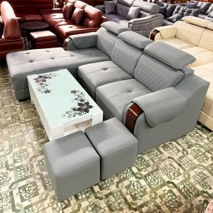 Thanh Lý Bộ Sofa Góc L Bọc Da Tay Ốp Gỗ Mới 99%