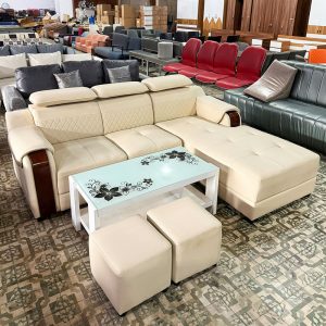 Thanh Lý Bộ Sofa Góc L Bọc Da Tay Ốp Gỗ Mới 99%
