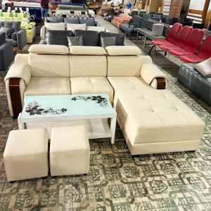 Thanh Lý Bộ Sofa Góc L Bọc Da Tay Ốp Gỗ Mới 99%