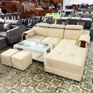 Thanh Lý Bộ Sofa Góc L Bọc Da Tay Ốp Gỗ Mới 99%