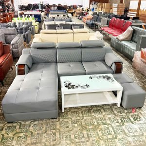 Thanh Lý Bộ Sofa Góc L Bọc Da Tay Ốp Gỗ Mới 99%