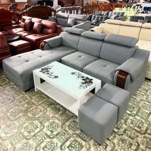 Thanh Lý Bộ Sofa Góc L Bọc Da Tay Ốp Gỗ Mới 99%