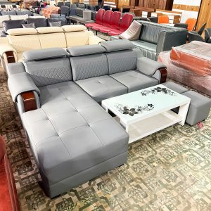 Thanh Lý Bộ Sofa Góc L Bọc Da Tay Ốp Gỗ Mới 99%