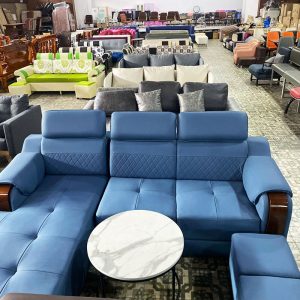 Thanh Lý Bộ Sofa Góc L Bọc Da Tay Ốp Gỗ Mới 99%