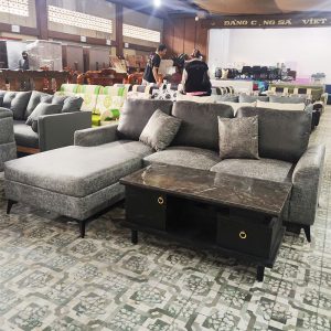 Bộ Sofa Góc L Màu Xám Kèm Bàn Mặt Vân Đá Mới 99%