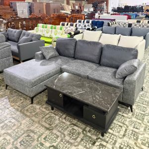 Bộ Sofa Góc L Màu Xám Kèm Bàn Mặt Vân Đá Mới 99%