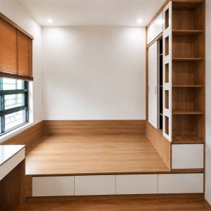 Giường Liền Tủ Gỗ MDF Cửa Lùa Kèm Kệ Trưng Bày Cũ