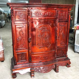 Tủ Thờ Gỗ Tự Nhiên 1m44 Chạm Phúc Lộc Thọ Cũ