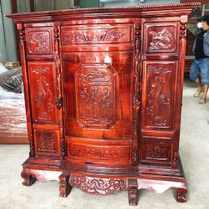 Tủ Thờ Gỗ Tự Nhiên 1m44 Chạm Phúc Lộc Thọ Cũ