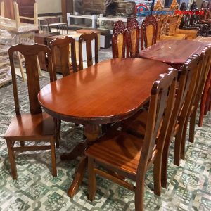 Bộ Bàn Ăn Oval Kèm 6 Ghế Gỗ Tự Nhiên Mới 99%