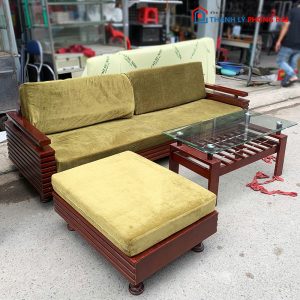 Bộ Salon Gỗ Phối Nệm Kèm Bàn Sofa Mặt Kính Cũ