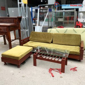 Bộ Salon Gỗ Phối Nệm Kèm Bàn Sofa Mặt Kính Cũ