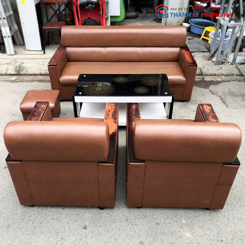 bo-sofa-5-mon-boc-da-kem-ban-cu-4 Bộ Sofa 5 Món Bọc Da Kèm Bàn Cũ