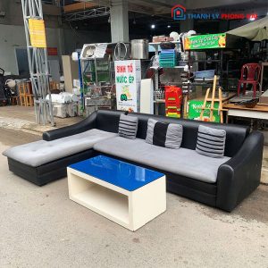 Bộ Sofa Góc L Bọc Da Đệm Nỉ Kèm Bàn Cũ