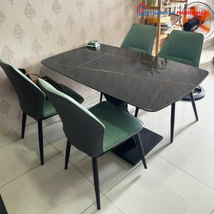 Bàn Ăn Mặt Đá Chân Chữ X Kèm Ghế Da Cũ