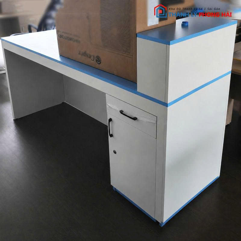 ban-quay-go-mdf-trang-phoi-xanh-kem-tu Bàn Quầy Gỗ MDF Trắng Phối Xanh Kèm Tủ Hồ Sơ Cũ