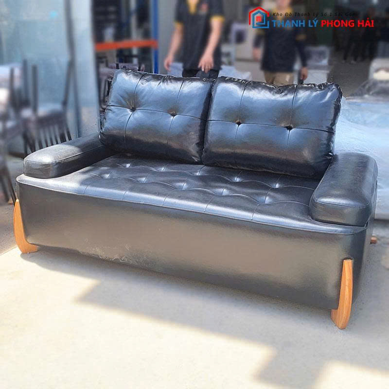 bang-sofa-boc-da-den-1 Băng Sofa Bọc Da Đen Đính Nút 1m8 Cũ