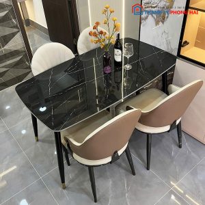 Bộ Bàn Ăn 4 Ghế Mặt Đá Đen Mới 99%