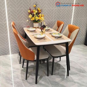 Bộ Bàn Ăn Mặt Đá Kèm 4 Ghế Bọc Da Mới 99%