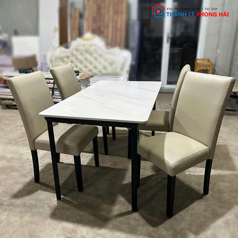 bo-ban-an-mat-da-kem-4-ghe-cu-boc-da-2 Bộ Bàn Ăn Mặt Đá Kèm 4 Ghế Cũ Bọc Da