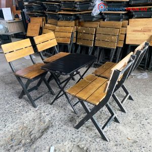 Bộ Bàn Ghế Xếp Khung Sắt Mặt Gỗ Cũ
