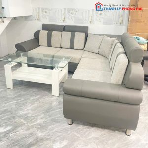 Bộ Sofa Góc L Bọc Da Đệm Nỉ Xám Cũ