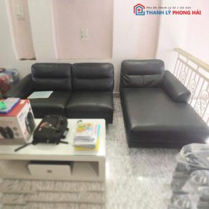 Bộ Sofa Góc L Bọc Da Đen Kèm Bàn Cũ