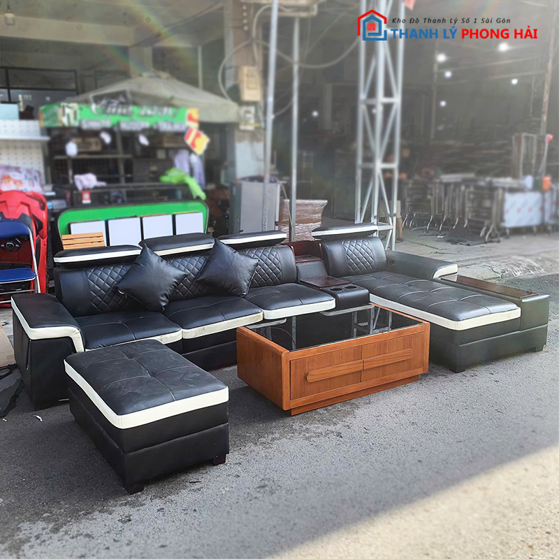 bo-sofa-tong-thong-boc-da-1 Bộ Sofa Tổng Thống Bọc Da Góc L Kèm Đôn Cũ