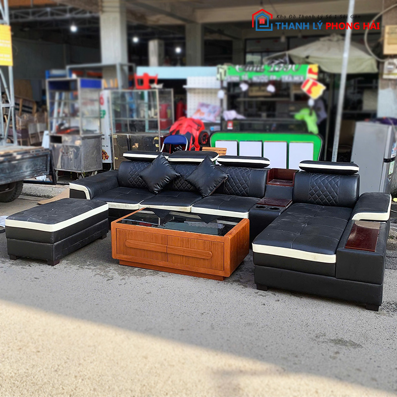 bo-sofa-tong-thong-boc-da-2 Bộ Sofa Tổng Thống Bọc Da Góc L Kèm Đôn Cũ