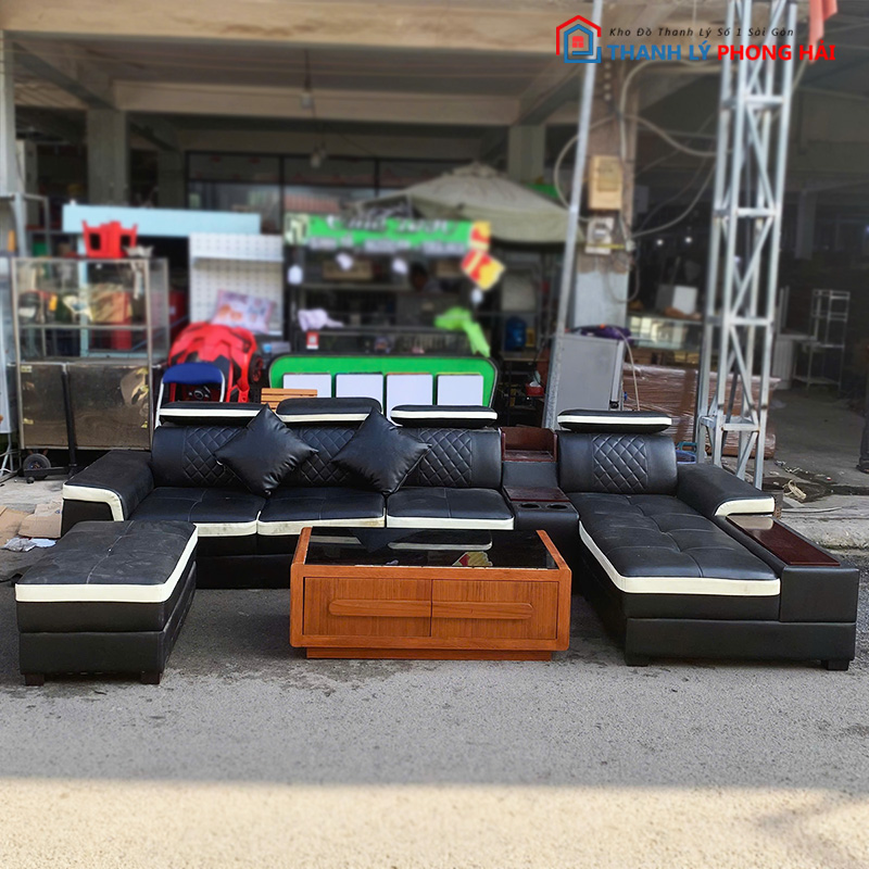 bo-sofa-tong-thong-boc-da-3 Bộ Sofa Tổng Thống Bọc Da Góc L Kèm Đôn Cũ