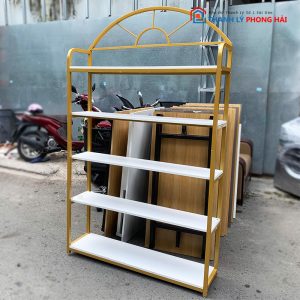 Kệ Trưng Bày Khung Sắt Vàng Mặt Gỗ Cũ