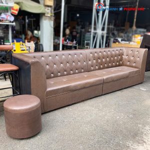 Sofa Băng Da 3m2 Đính Nút Màu Nâu Cũ
