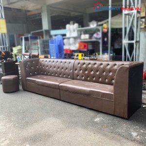 Sofa Băng Da 3m2 Đính Nút Màu Nâu Cũ