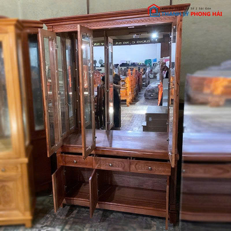 tu-ruou-go-xoan-dao-3-canh-1 Tủ Rượu Gỗ Xoan Đào 3 Cánh Kính Mới 99%