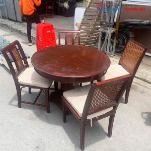 Bộ Bàn Ăn Tròn Cũ Kèm 4 Ghế Gỗ Tự Nhiên