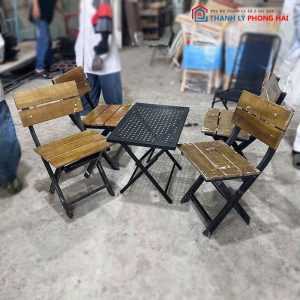 Bộ Bàn Ghế Cafe Cũ Bàn Sắt Ghế Gỗ Xếp