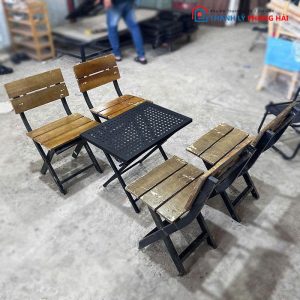 Bộ Bàn Ghế Cafe Cũ Bàn Sắt Ghế Gỗ Xếp